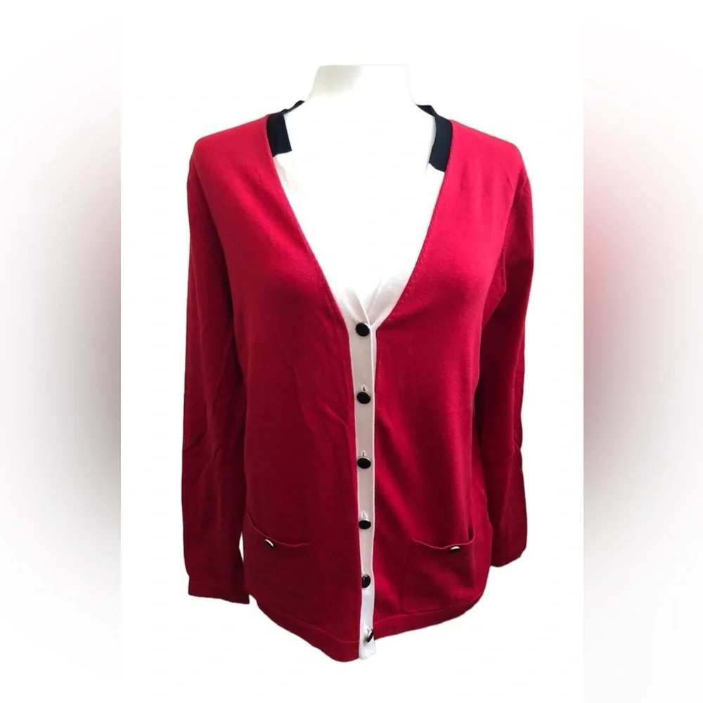 Jones New York red button down cardigan women PL silk blend excellent condition - Picture 1 of 6